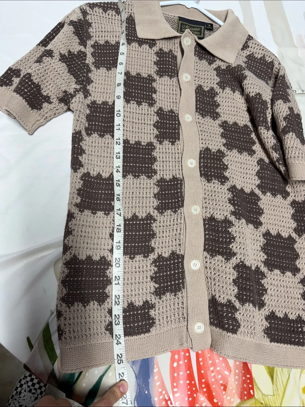 Massive Luxury Edition Crochet Knit Polo Cardigan in Beige & Chocolate